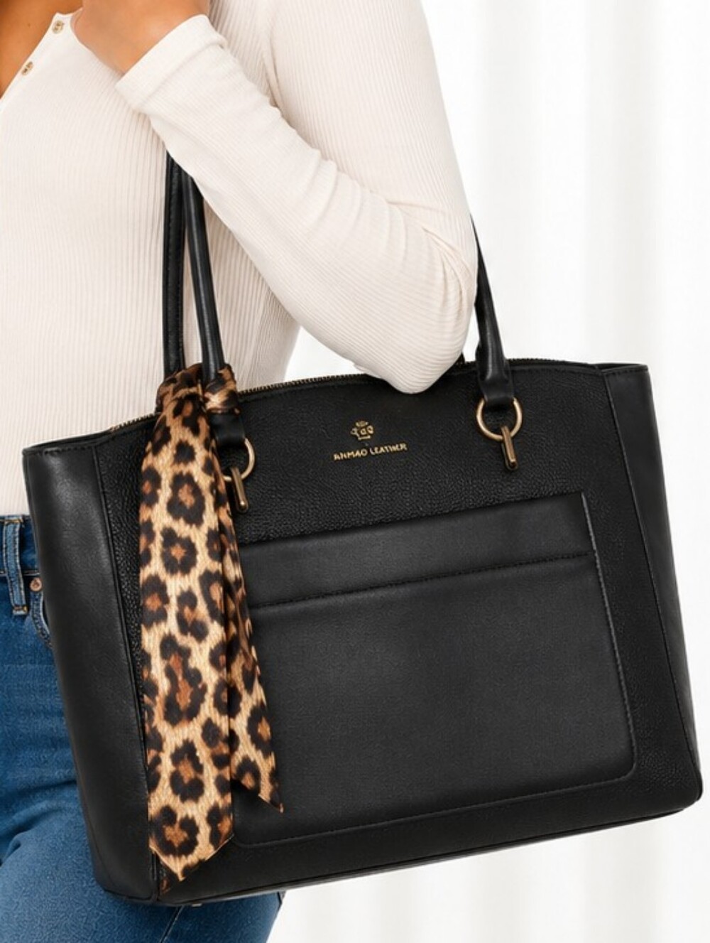 👜 Nanette Lepore Black Pebbled Leather Tote Bag w/ Leopard Accent